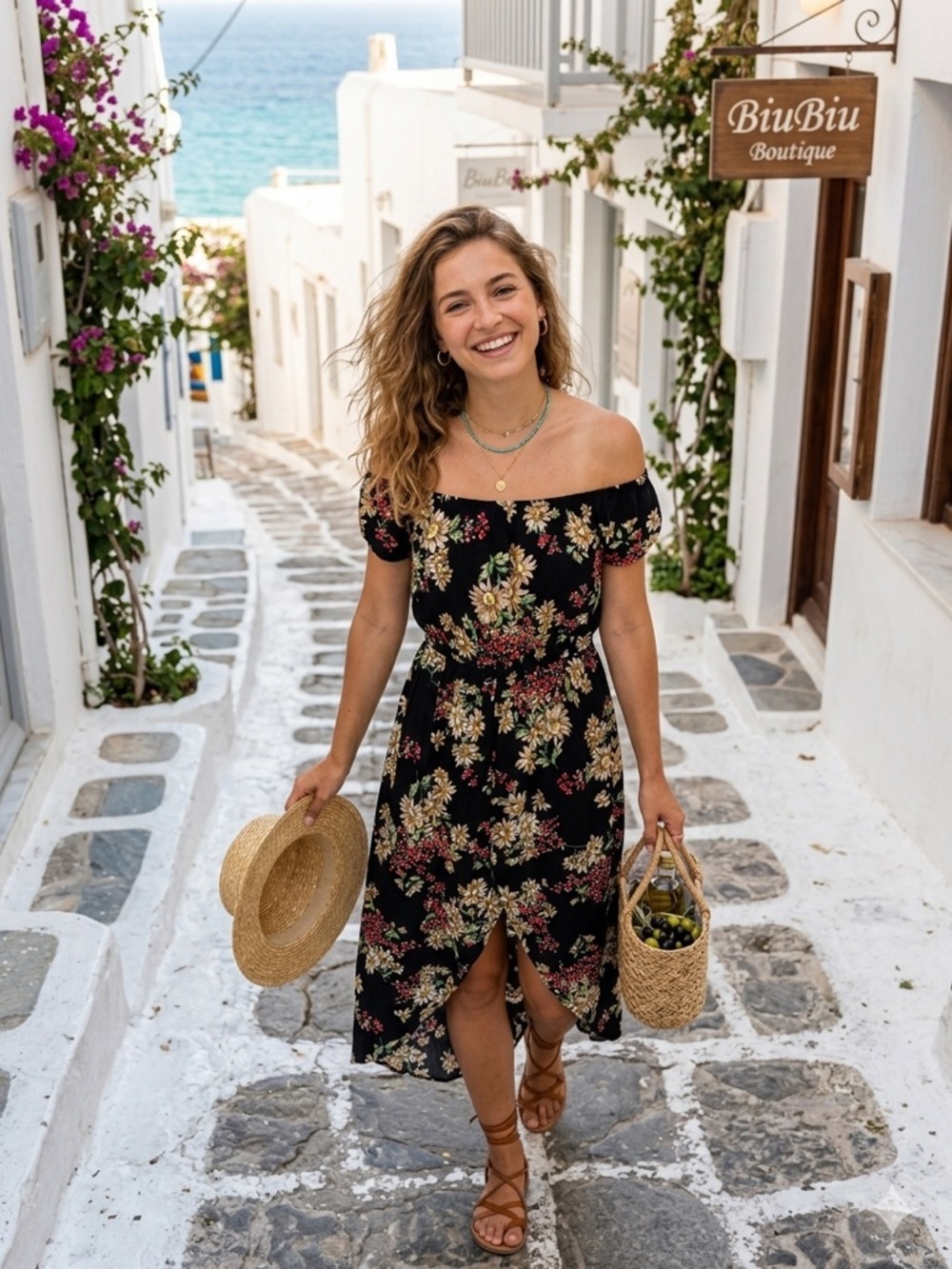 Floral Off-Shoulder Black Midi Dress